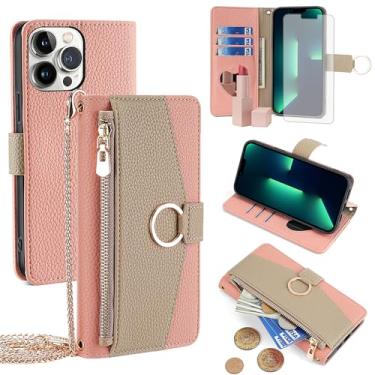 Imagem de Capa de telefone para iPhone 13 Pro Max 2021 6,7 polegadas capa carteira com protetor de tela e capa flip espelhada, anel suporte de cartão, alça transversal para celular iPhone13promax 5G i