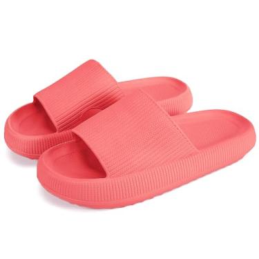 Imagem de Pantufas de travesseiro, chinelos de chuveiro de massagem, antiderrapante de secagem rápida, sandália de sola grossa supermacia, tecnologia de 2020 - Pantufas de casa super macias para mulheres e homens, plataforma de EVA, Vermelho melancia, 10.5-11 Women/9-10 Men