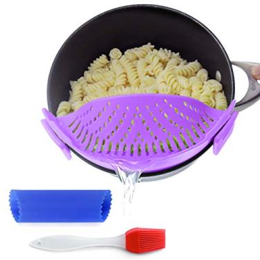 Imagem de Coador de alimentos de cozinha com clipe para espaguete, massa, graxa bovina moída, coador e peneira em tigelas, potes e panelas, o conjunto inclui coador de silicone, escova e descascador de alho da Salbree (roxo)