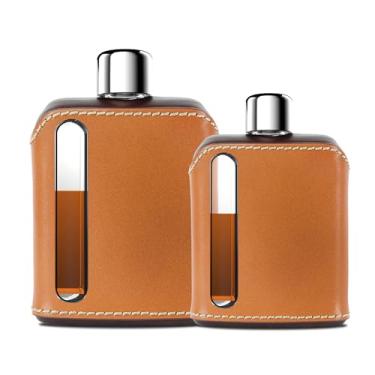 Imagem de Ragproper Garrafa de vidro moderna para Whiskey and Spirits (dose única 100 ml + dose dupla 240 ml, couro escuro e bronzeado)