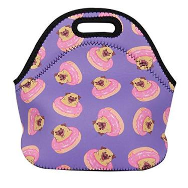 Imagem de Violet Mist Lancheira feminina fofa reutilizável neoprene lancheira isolada pug cachorro animal lancheiras sacolas à prova d'água desenhos animados bolsas de comida térmicas lancheiras viagem trabalho presente para mulheres homens amantes de cães adultos