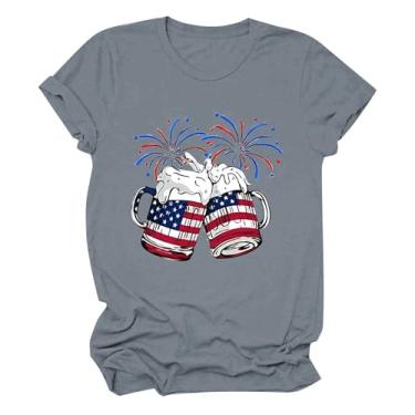 Imagem de PKDong 4th of July Outfit for Women Crew Neck Short Sleeve Independent Day Beer Cups Impresso Camiseta Gráfica para Mulheres, Cinza, M