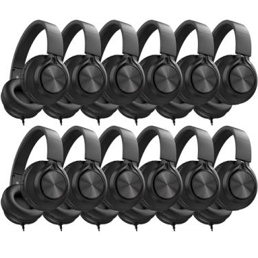 Imagem de AILIHEN Fones de ouvido com fio, pacote com 12, para estudantes escolares, crianças, sala de aula, ajustável, dobrável, fones de ouvido com microfone, som estéreo HD, conector de 3,5 mm para