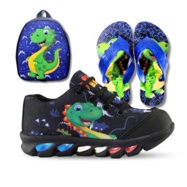 Imagem de Genérico, tenis de led infantil masculino dinossauro com luzinha meninos mais chinelo e mochila Cor:Preto;Tamanho:31