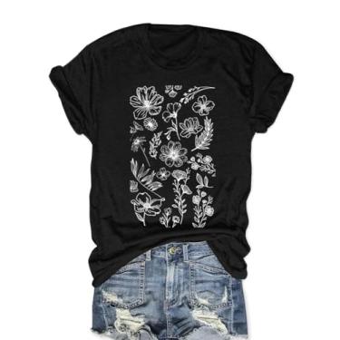 Imagem de Camiseta feminina vintage floral boho flores silvestres divertida natureza cottage core floral manga curta, F - preto, XXG