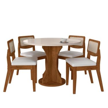 Imagem de Mesa Com 4 Cadeiras Redonda C/vidro Santorini Fre/off/corino Bco - M.a