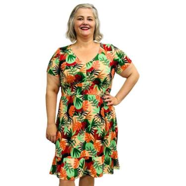 Imagem de Vestido Feminino Plus Size Midi Gola V Manga Curta Estampado - Coalizã