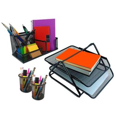 Imagem de Kit Escritório Organizador Mesa Bandeja Porta Caneta Lápis Preto - Mar
