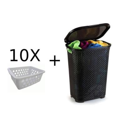 Imagem de Kit 10 Cestos Multiuso Branco + Cesto Rattan G Basculada - Uninjet