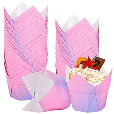 Imagem de Pacote com 100 forros de cupcake de tulipa, copo de sobremesa de papel à prova de gordura de grau alimentício, suporte de muffin de cor gradiente de festival, embalagem de recipiente de bolo de 5 x 5