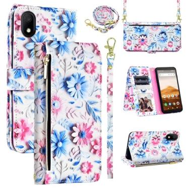 Imagem de Dswteny Capa carteira para Alcatel Apprise/Glimpse/Volta/1B (2020) com alça de pulso, alça de ombro de couro sintético floral, suporte para cartão, capa para celular para 5002R 5002C 5002E 5002L