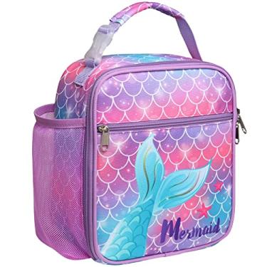 Imagem de Bagseri Lancheira infantil, lancheira isolada para meninas, bolsa térmica portátil reutilizável para escola, forro resistente à água (rosa roxo e cauda de sereia)