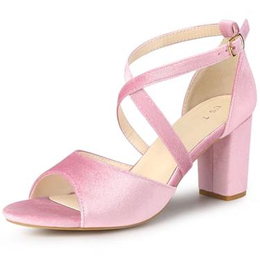 Imagem de Perphy Sandálias femininas de salto bloco de veludo com alça cruzada, Rosa claro, 38