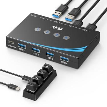 Imagem de eKL Interruptor USB 3.0, 4 computadores, compartilham 4 dispositivos USB com controle de mesa com fio e microfone de áudio de 3,5 mm para PC, laptop, mouse, teclado e impressora scanner