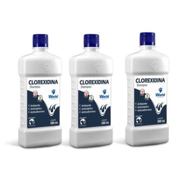 Imagem de Kit 3 Shampoo Clorexidina Dermatite Cães e Gatos World 500ml