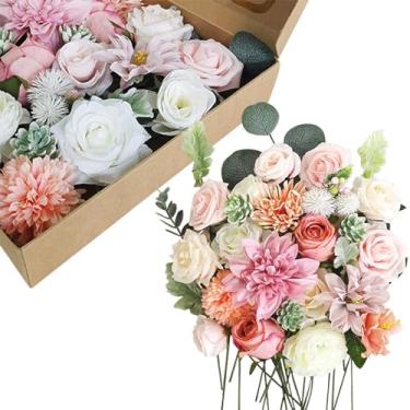 Imagem de NoriStyle Flores artificiais rosa para decoração de casa de casamento, caixa de flores rosa falsas com hastes para mesa de festa faça você mesmo, decoração de recepção de buquê de noiva (rosa rosa)