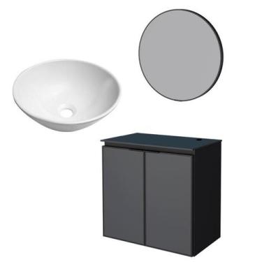 Imagem de Conjunto Banheiro Aço Umbu 60 Preto Com Cuba Cuia Branca Espelho Luna 