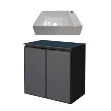 Imagem de Gabinete Para Banheiro Preto Aço Umbu Tampo Vidro Com Cuba Prisma Base