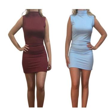 Imagem de KIT C/2 Vestidos Gola Alta Canelado - Emporio J, Vinho, Azul bb, Unico