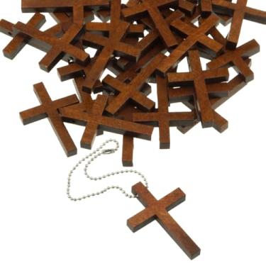 Imagem de EQUIJUNCE 60 peças mini pingente de cruz de madeira com 60 chaveiros, pulseiras, colares, brincos, mini pingente de cruz e artesanato DIY, suprimentos de festa cristã, trumpet, Madeira, não