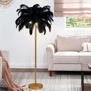 Imagem de Luminária de chão nórdica, luminária de chão de penas naturais regulável, proteção ocular, iluminação de leitura, luz alta para sala de estar, quarto, escritório