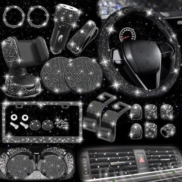 Imagem de NBTEPEM Conjunto de 27 peças de acessórios de carro preto brilhante para mulheres, capas de volante com ajuste universal de 38 cm, moldura de placa de carro brilhante, suporte de telefone brilhante