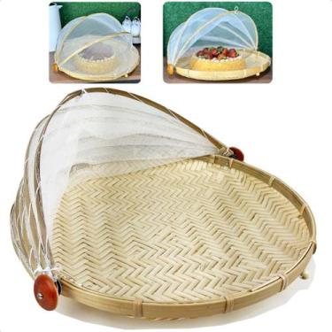 Imagem de Porta Pão/bolo Redondo Rattan Bambu Com Tela Poliéster 40cm - MUNDIART