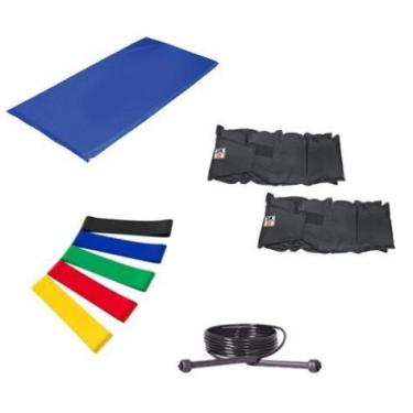 Imagem de Kit Colchonete Azul + Par de Caneleira  2kgs  + 5 Mini Band Elástico p