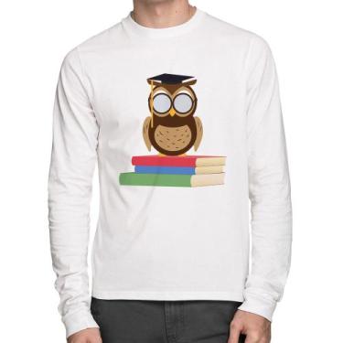 Imagem de Camiseta Algodão Coruja Estudante Manga Longa - Foca na Moda, Branco, 