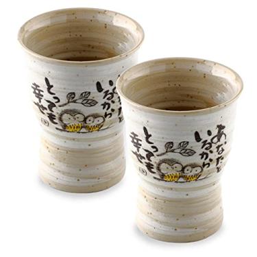 Imagem de Japanese Mino Yaki(Ware) Ceramic Beer Cups Set of 2, Japanese Poem Owl Design, Gray 10.5 fl oz, Handmade Yunomi Tea Cups, for Coffee, Sake, Green Tea, Matcha Tea, Japanese Good Luck Charm Gifts