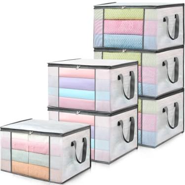 Imagem de LANDNEOO Pacote com 6 sacos de armazenamento de roupas, caixas de armazenamento de cobertor dobráveis de plástico, recipiente organizador de armário para quarto, roupa de cama, edredons, travesseiros