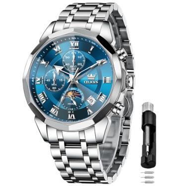 Imagem de OLEVS Relógio masculino cronógrafo de aço inoxidável com mostrador de data e fase da lua – Relógio de pulso de quartzo à prova d'água com mostrador grande de 43 mm, vestido luminoso, para homens,