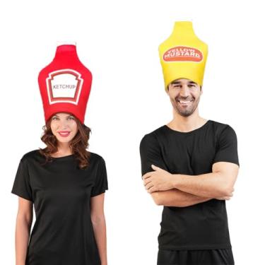 Imagem de Ketchup and Mustard Condiment Bottle Costume Hats, Couple Novelty Food Party Headwear Set, Red and Yellow