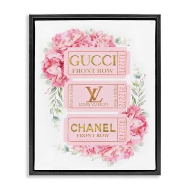 Imagem de Stupell Industries Design de arte de parede em tela emoldurada rosa e dourado Glam Tickets Black Floater por Amanda Greenwood, 17 x 21