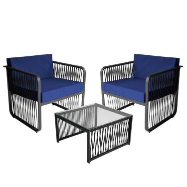 Imagem de Conjunto 2 Poltronas E Mesa Centro Corda Náutica Santiago Preto-azul