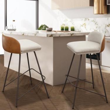 Imagem de Banquetas Modernas para Cozinha, Estofado em Tecido Bege e Courino Marrom, Pés em Aço, Kit 2 Unidades