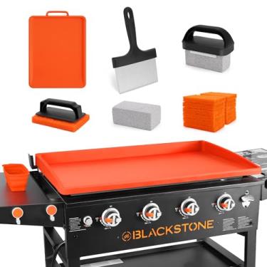 Imagem de WYZJC Kit de limpeza de chapa Blackstone atualizado, com tapete de silicone de 91 cm, forro de copo de óleo, tapete de espátula de silicone resistente ao calor com cabide, raspador de grelha, tijolo