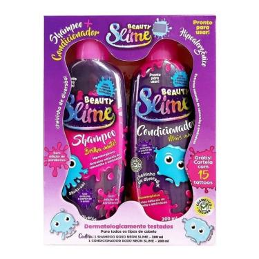 Imagem de Bs - kit shampoo + condicionador infantil beauty slme roxo neon com 200 ml cada + cartela com 15 tattos