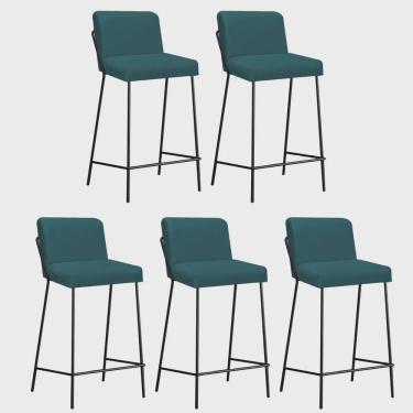 Imagem de Kit 05 Banqueta Alta Com Encosto Drika Industrial Cozinha Bistrô Ferro Preto Suede Azul Turquesa - Ahz Móveis