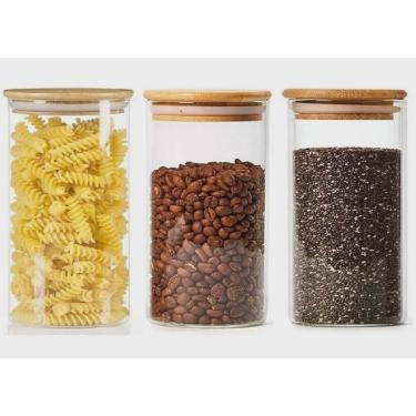 Imagem de Kit 3 Pote De Vidro Mantimentos Temperos Tampa Bambu 1 Litro