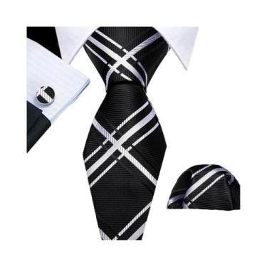 Imagem de Conjunto de Gravata e Abutões Masculinos - Seda Jacquard Preto, Branco