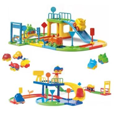 Imagem de Kit De 2 Pistas De Carrinhos Baby, Acompanha 2 carrinhos, 1 avião, 1 Helicoptero E 2 Carrinhos Em Formato De Animas Sortidos, Facil De Encaixar Com Rampas e Acessórios, Brinquedo Educativo 3+ Anos