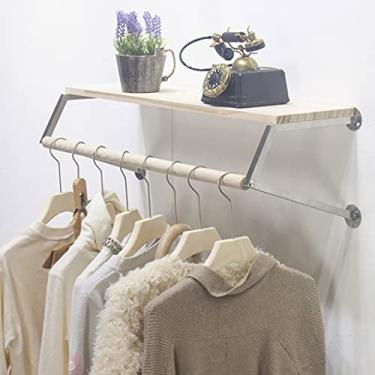 Imagem de CUTPOIY Suporte de parede com prateleira de madeira, suporte de aço 2 em 1, suporte de aço para exibição de roupas industriais para loja de roupas decorativas (tamanho: 80 × 30 cm) (120 × 30 cm)