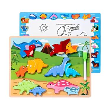 Imagem de Quebra-Cabeça De Mdf 3D Infantil Educativo Com Quadro Branco Para Desenho (Dinossauros)
