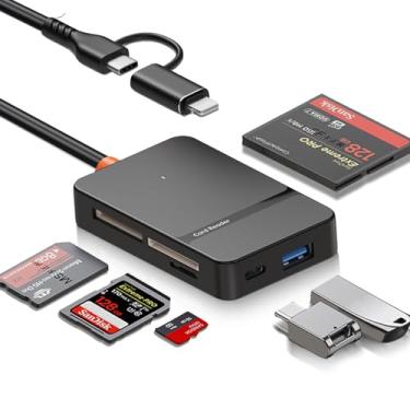Imagem de Leitor de cartão de memória para iPhone iPad Mac, 8 em 1 Dual Plug USB C para SD/Micro SD/MS/CF Leitor de cartão com USB 3.0 OTG, portas tipo C