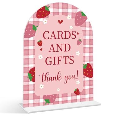 Imagem de Placa de cartões e presentes - Placa de chá de bebê de morango, 1 pacote de placa de acrílico com suporte, decoração de mesa de festa reveladora de gênero, suprimentos para chá de bebê Berry (SE23)