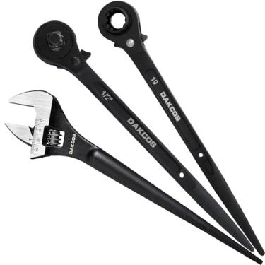 Imagem de DAKCOS Conjunto de 3 chaves de engate, chave de andaime de ponta dupla de 12 pontos de 12 pontos, catraca de cabeça dupla de 0,9 cm x 1,2 cm e chave inglesa de 30,5 cm