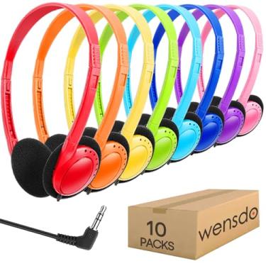 Imagem de Wensdo Fones de ouvido infantis a granel pacote com 10 para estudantes de sala de aula escolar K-12, conjunto de aulas ajustáveis com fio para biblioteca, avião, computador, conector de 3,5 mm (HY103