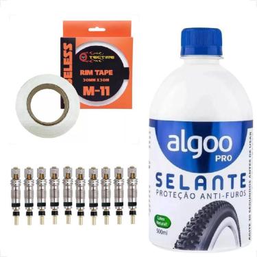 Imagem de Kit Tubeless Bike Bicicleta Selante Veda Furo 500ml Algoo + Fita Aro + 10 Nucleo válvula presta