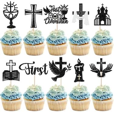 Imagem de 30 Pack First Holy Communion Cupcake Toppers Glitter Cross Bible Cupcake Picks God Bless Cake Decorations for First Communion Baptism Religion Theme Birthday Party Supplies Black